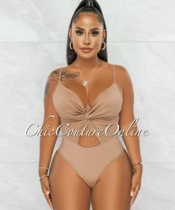 Chic Couture Online Viper Mocha Front Knot Key-Hole Ribbed Bodysuit JUST IN