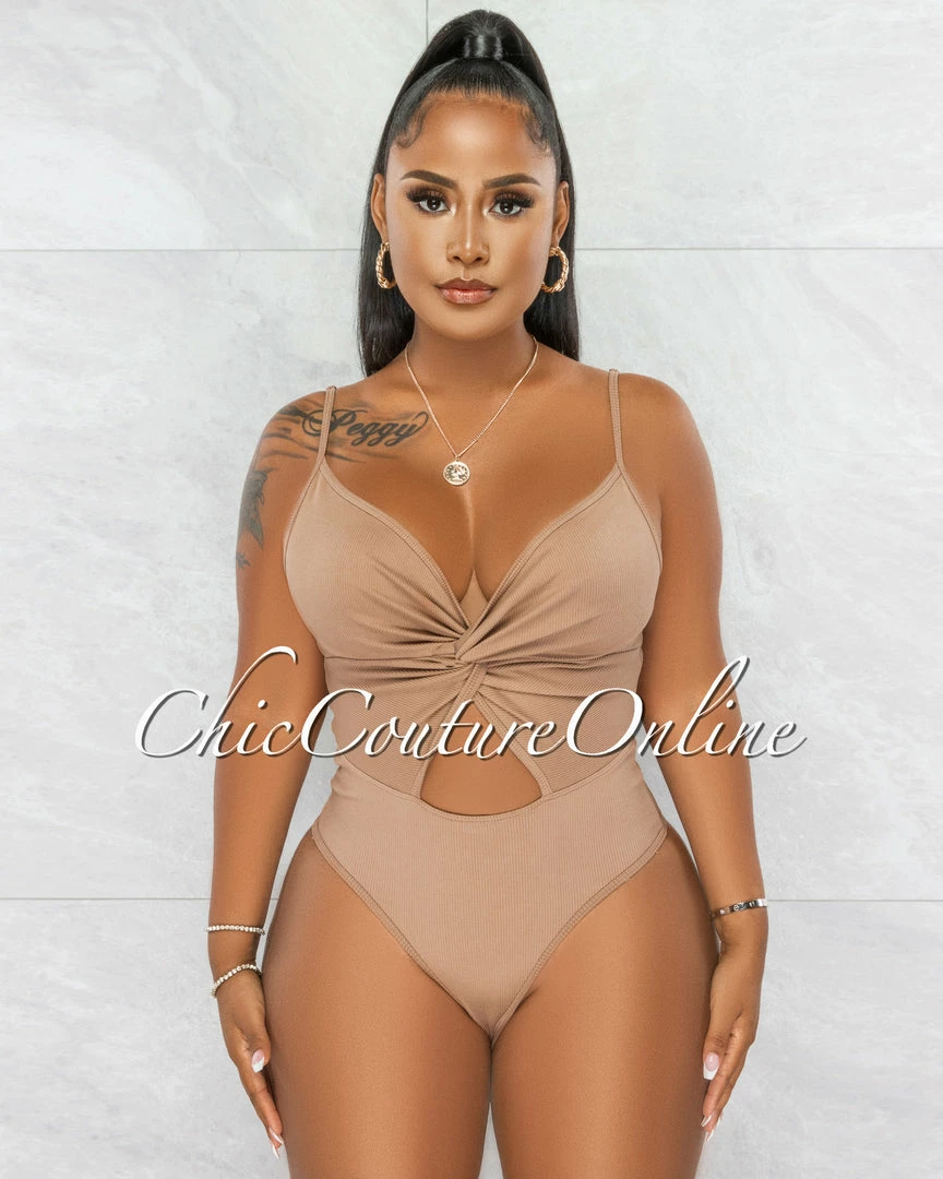 Chic Couture Online Viper Mocha Front Knot Key-Hole Ribbed Bodysuit JUST IN