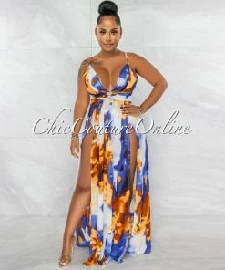Chic Couture Online JUST IN Selima White Blue Yellow Print High Slits Maxi Dress