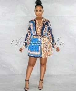 Vendor-unknown Emanuel Navy Blue Print Blouse & Pleated Mini Skirt Set