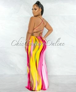 Chic Couture Online JUST IN Peddy Fuchsia Yellow Print Back Tie Maxi Dress