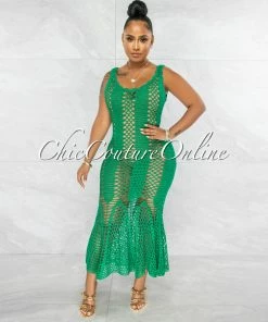 Chic Couture Online JUST IN Simoneta Emerald Green Crochet Cover-Up Maxi Dress