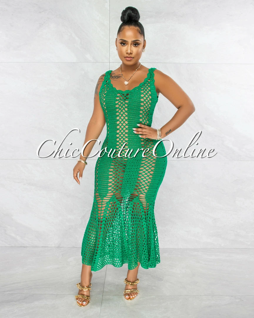Chic Couture Online JUST IN Simoneta Emerald Green Crochet Cover-Up Maxi Dress