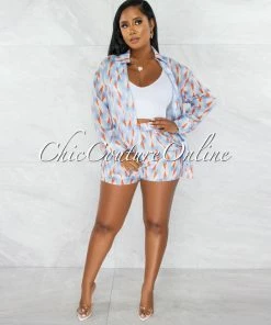 Chic Couture Online Tameka Baby Blue Orange Print Shirt & Flutter Mini Shorts Set