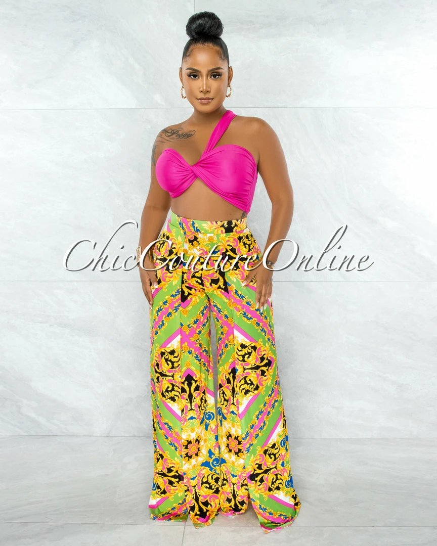 Chic Couture Online JUST IN Mangenia Pink Multi-Way Top & Blue Print Slit Pants Set