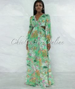 Vendor-unknown Nairobi Green Paisley Print Cut-Out Waist Maxi Dress JUST IN