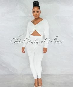 Vendor-unknown Iker Off-White Ribbed Knotted Top & Leggings Set