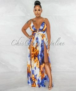 Chic Couture Online JUST IN Selima White Blue Yellow Print High Slits Maxi Dress