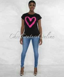 Vendor-unknown Farry Black Fuchsia Front Graphic Rhinestones T-Shirt
