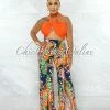 Chic Couture Online Carino Orange Multi-Way Top & Navy Print Slit Pants Set