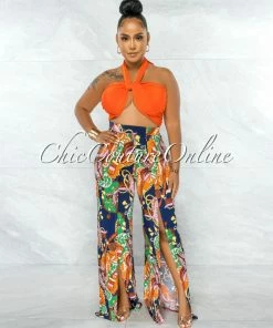 Chic Couture Online Carino Orange Multi-Way Top & Navy Print Slit Pants Set