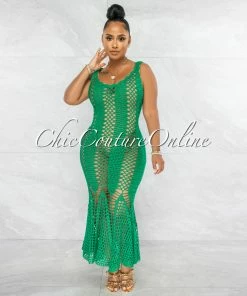 Chic Couture Online JUST IN Simoneta Emerald Green Crochet Cover-Up Maxi Dress