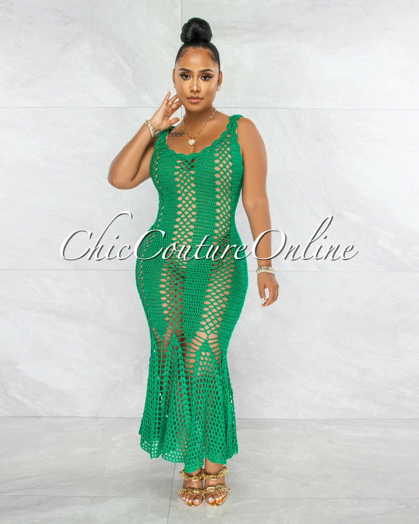 Chic Couture Online JUST IN Simoneta Emerald Green Crochet Cover-Up Maxi Dress