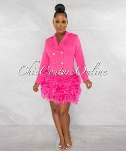 Chic Couture Online JUST IN Thirza Hot Pink Gold Buttons Trench Feathers Hem Dress
