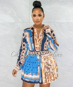 Vendor-unknown Emanuel Navy Blue Print Blouse & Pleated Mini Skirt Set