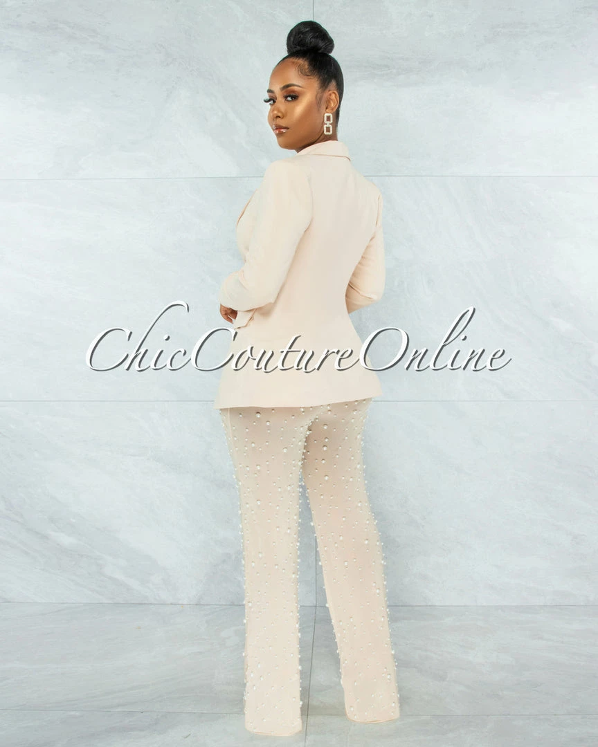 Vendor-unknown Alicia Nude Blazer & Mesh Pearl Pants Set