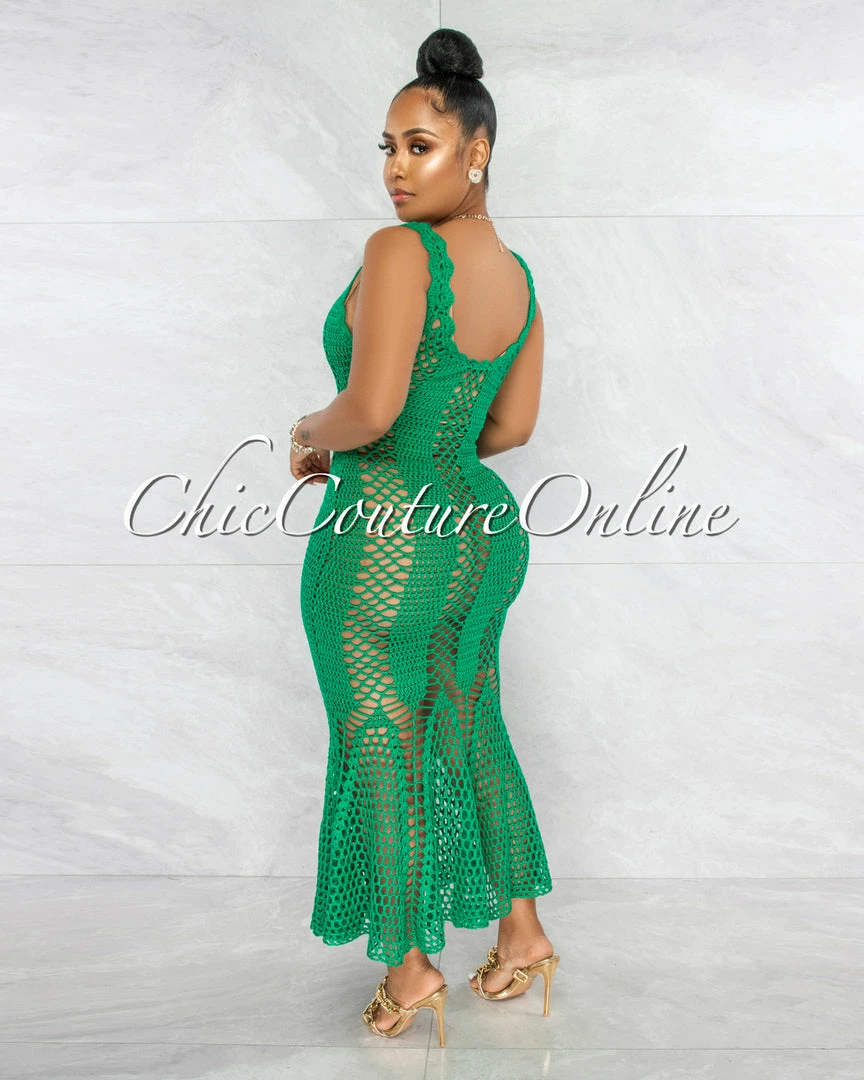 Chic Couture Online JUST IN Simoneta Emerald Green Crochet Cover-Up Maxi Dress