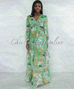 Vendor-unknown Nairobi Green Paisley Print Cut-Out Waist Maxi Dress JUST IN