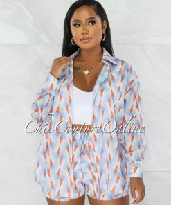 Chic Couture Online Tameka Baby Blue Orange Print Shirt & Flutter Mini Shorts Set