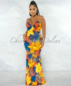 Chic Couture Online Rahab Red Orange Blue Print Back Tie Maxi Dress JUST IN