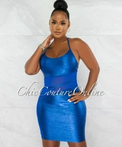 Chic Couture Online Carmela Royal Blue Foil Mesh Details Bandage Dress