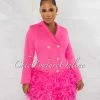 Chic Couture Online JUST IN Thirza Hot Pink Gold Buttons Trench Feathers Hem Dress