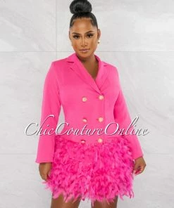 Chic Couture Online JUST IN Thirza Hot Pink Gold Buttons Trench Feathers Hem Dress