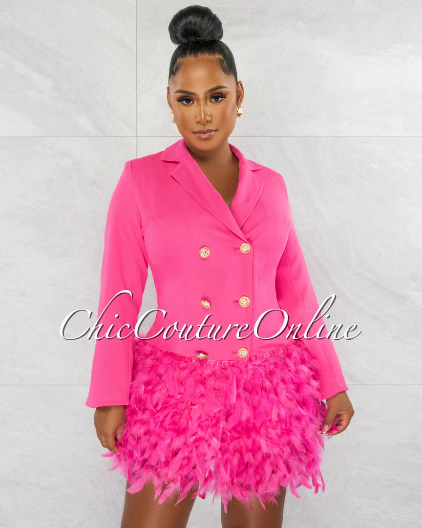 Chic Couture Online JUST IN Thirza Hot Pink Gold Buttons Trench Feathers Hem Dress