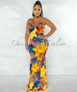 Chic Couture Online Rahab Red Orange Blue Print Back Tie Maxi Dress JUST IN
