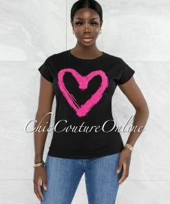 Vendor-unknown Farry Black Fuchsia Front Graphic Rhinestones T-Shirt