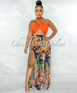 Chic Couture Online Carino Orange Multi-Way Top & Navy Print Slit Pants Set