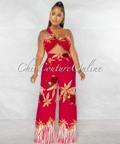 Chic Couture Online Mayra Fuchsia Multi-Color Print Crop Top & Wide Pants Set JUST IN