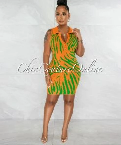 Chic Couture Online JUST IN Jaime Orange Green Tiger Print Knit Mini Dress