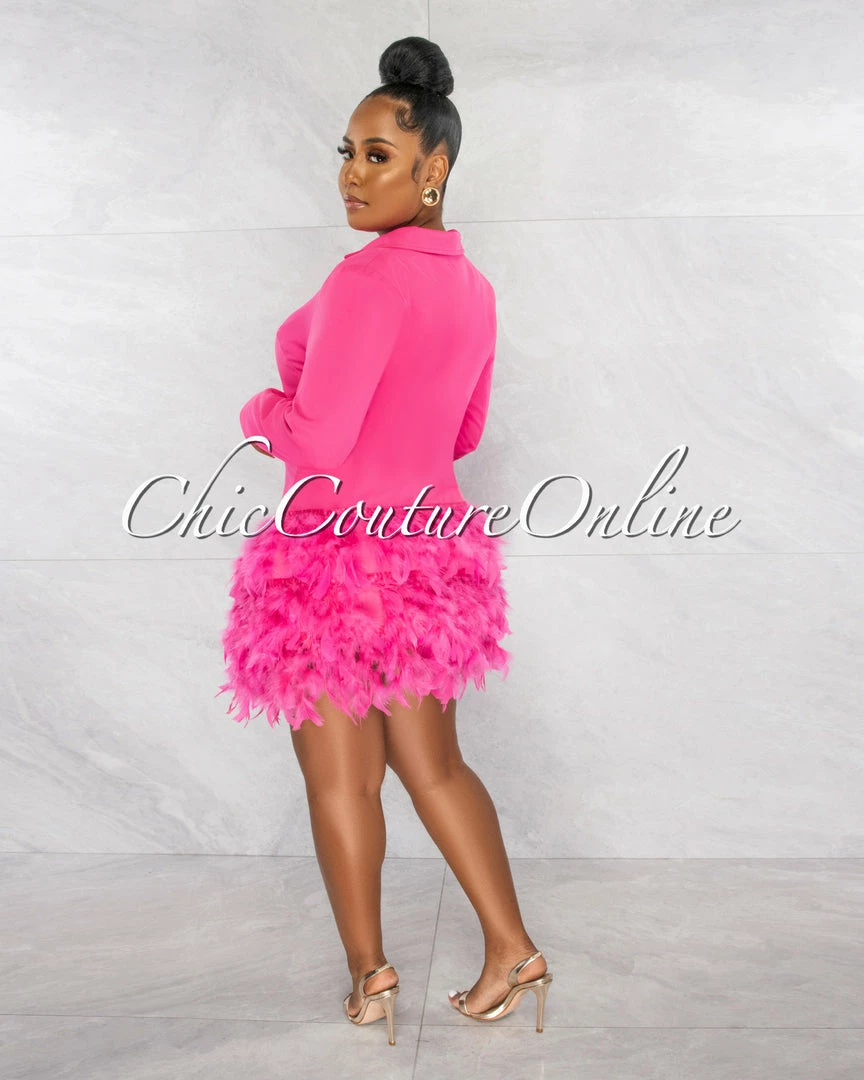 Chic Couture Online JUST IN Thirza Hot Pink Gold Buttons Trench Feathers Hem Dress