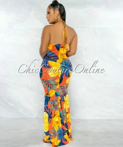 Chic Couture Online Rahab Red Orange Blue Print Back Tie Maxi Dress JUST IN