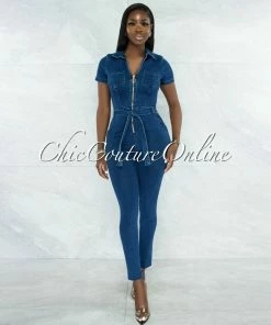Vendor-unknown Faqueza Dark Denim Front Silver Zipper Jumpsuit JUST IN