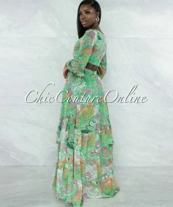 Vendor-unknown Nairobi Green Paisley Print Cut-Out Waist Maxi Dress JUST IN