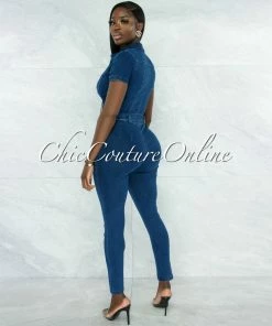Vendor-unknown Faqueza Dark Denim Front Silver Zipper Jumpsuit JUST IN