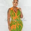 Chic Couture Online JUST IN Jaime Orange Green Tiger Print Knit Mini Dress
