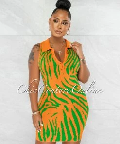 Chic Couture Online JUST IN Jaime Orange Green Tiger Print Knit Mini Dress