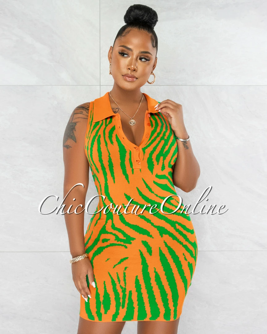 Chic Couture Online JUST IN Jaime Orange Green Tiger Print Knit Mini Dress