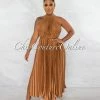 Chic Couture Online Nicia Bronze Halter Pleated Silky Maxi Dress