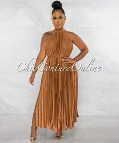 Chic Couture Online Nicia Bronze Halter Pleated Silky Maxi Dress