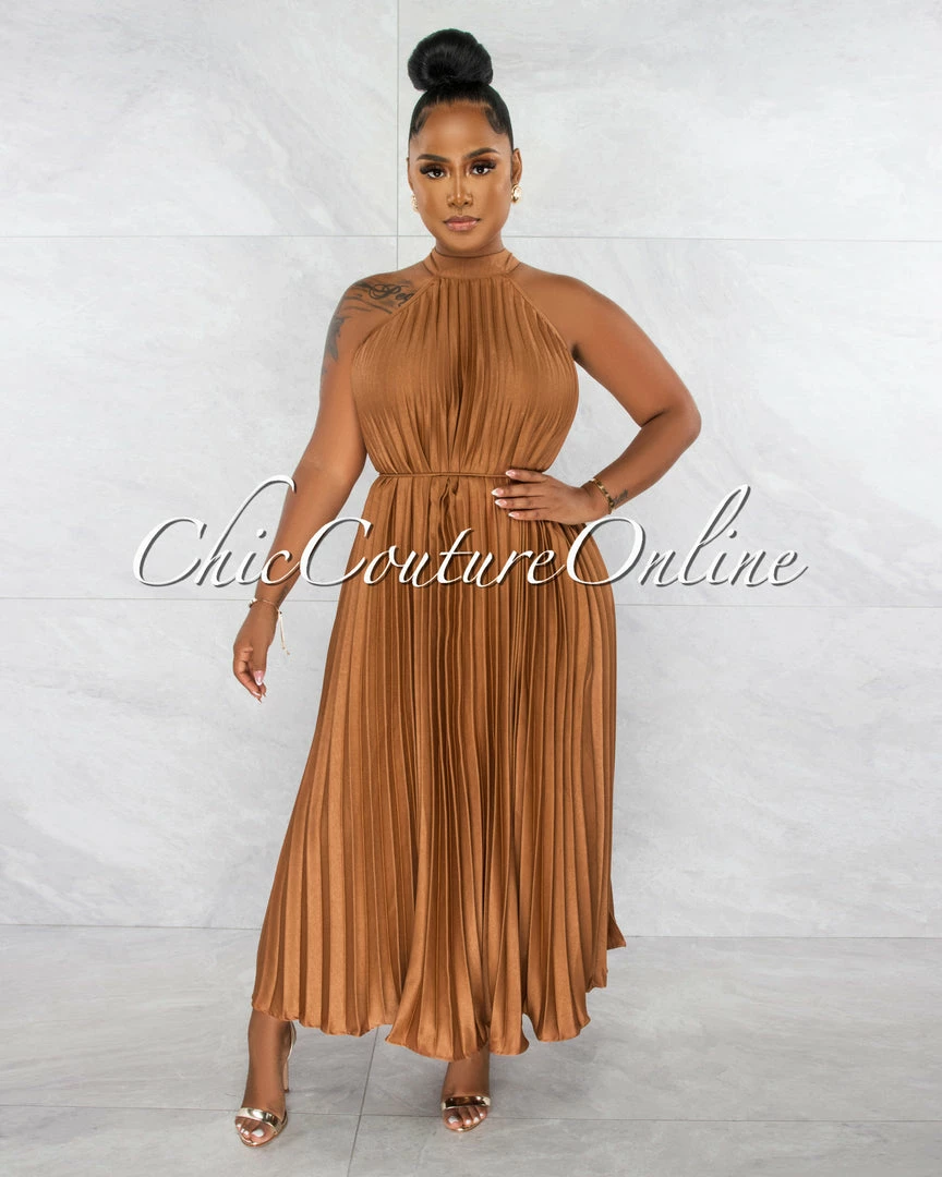 Chic Couture Online Nicia Bronze Halter Pleated Silky Maxi Dress