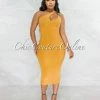 Vendor-unknown Abasi Mustard Key-Hole Double Lined Midi Dress