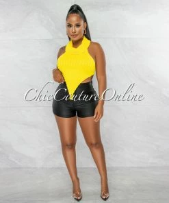 Chic Couture Online Tammy Yellow Mock Neckline Ribbed Crop Top