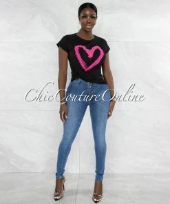 Vendor-unknown Farry Black Fuchsia Front Graphic Rhinestones T-Shirt