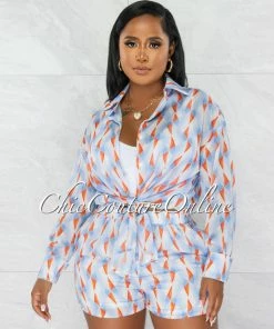 Chic Couture Online Tameka Baby Blue Orange Print Shirt & Flutter Mini Shorts Set