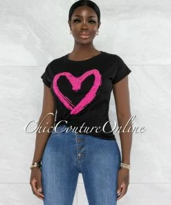 Vendor-unknown Farry Black Fuchsia Front Graphic Rhinestones T-Shirt