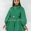 Vendor-unknown JUST IN Bebba Forest Green Bubble Gold Belt Dress